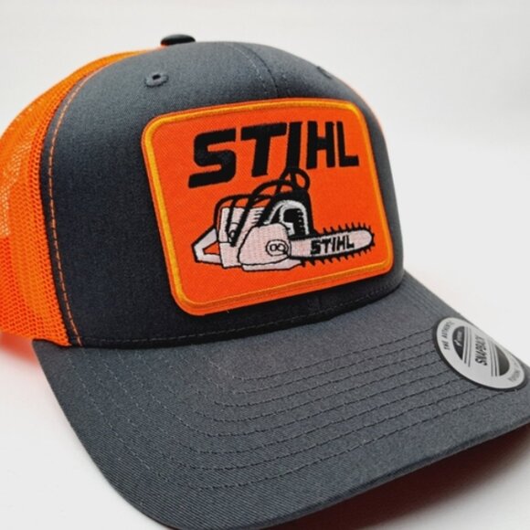 Stihl Embroidered Patch Trucker Mesh Snapback Hat Cap Hi-Vis Neon Orange - Picture 3 of 4